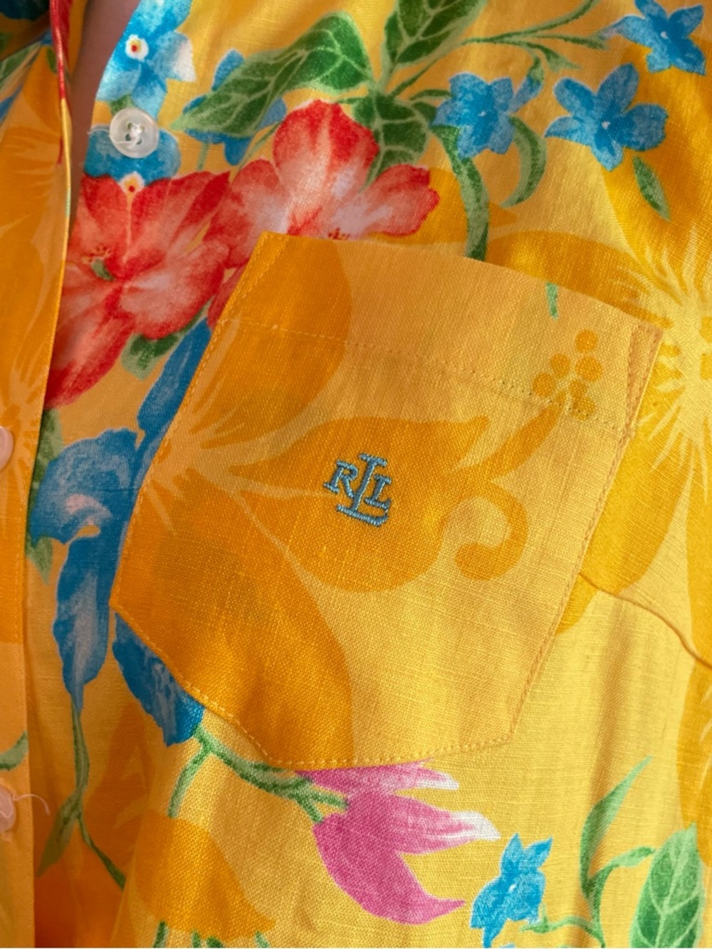 Y2K Lauren Ralph Lauren Linen Yellow Floral Tie-Front Sleeveless Button-Up Top - Picture 3 of 9